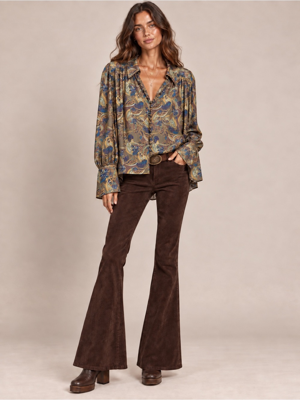 Free People Fall Paisley Oversized Loose Blouse Flute Sleeve Size Small